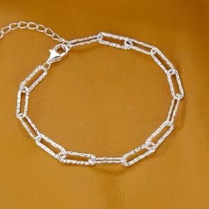 New Hammered 925 Stamped Sterling Silver Paperclip Chain Link Bracelet